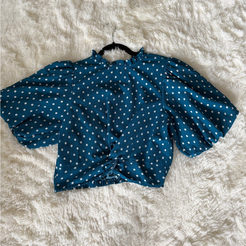 Teal Polka Dot Puff-Sleeve Twist-Front Blouse
